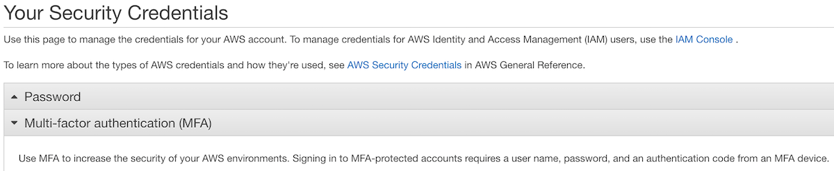MFA section in root credentials screen